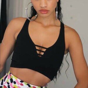 Free People Lattice-Neck Pullover Brami Black top women